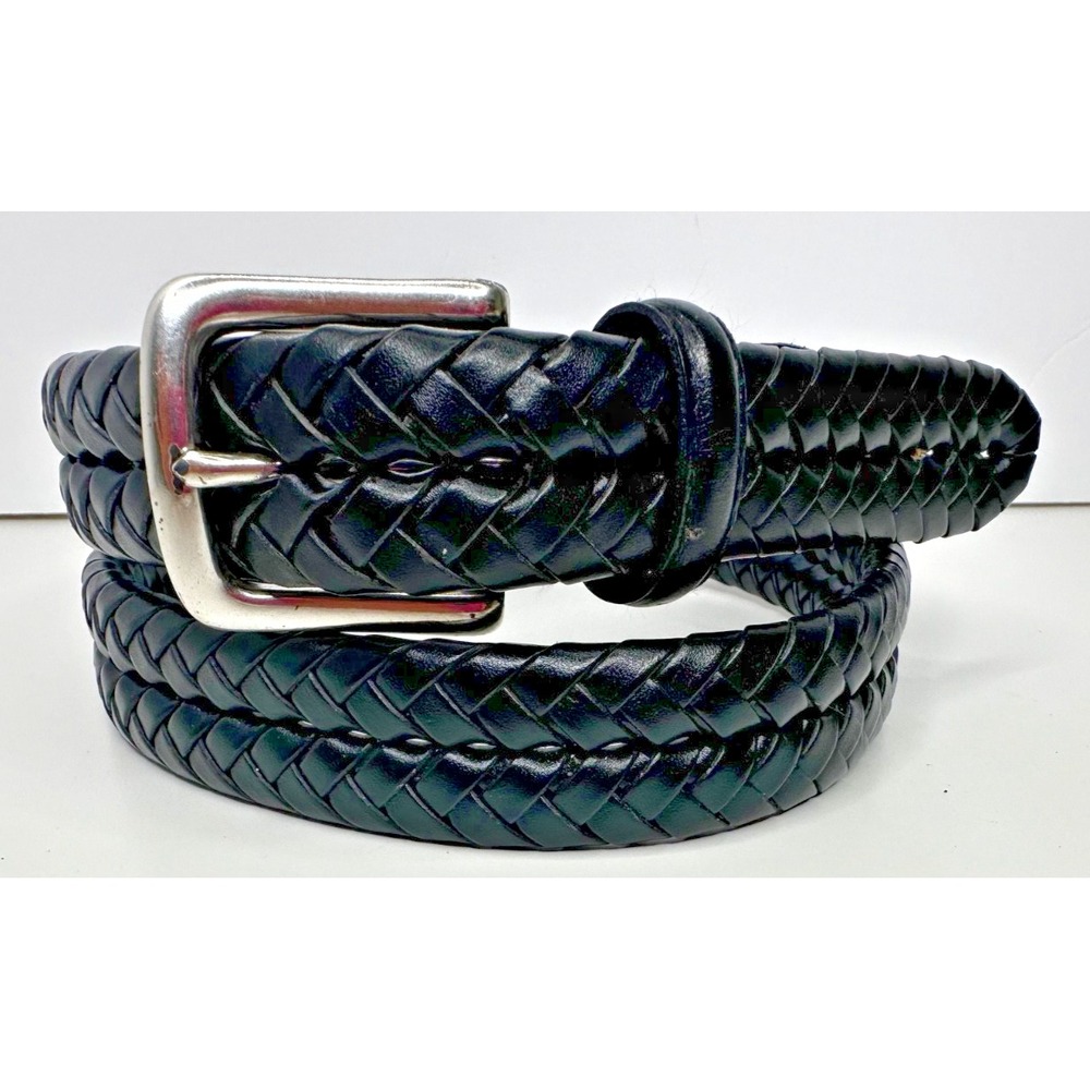 Mens Fossil Black Leather Belt Woven Braided Silver Tone Buckle Heavy Sz 38